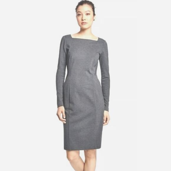Brooks Brothers Dark Grey Square Neck Long Sleeve Career Knee Length Dress - 8 - Picture 1 of 9